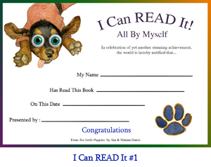 ‘I Can Read It All By Myself!’ Award Certificate.  Art of jumping dachshund puppy and puppy paw with spaces for student’s name, teacher or parent’s name, book title and presentation date.